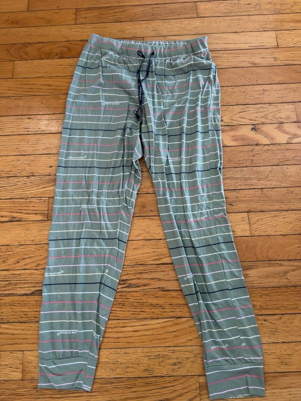 Life Is Good Womens Sleep Jogger Pajama Pants Green Stripe Lounge Size Small